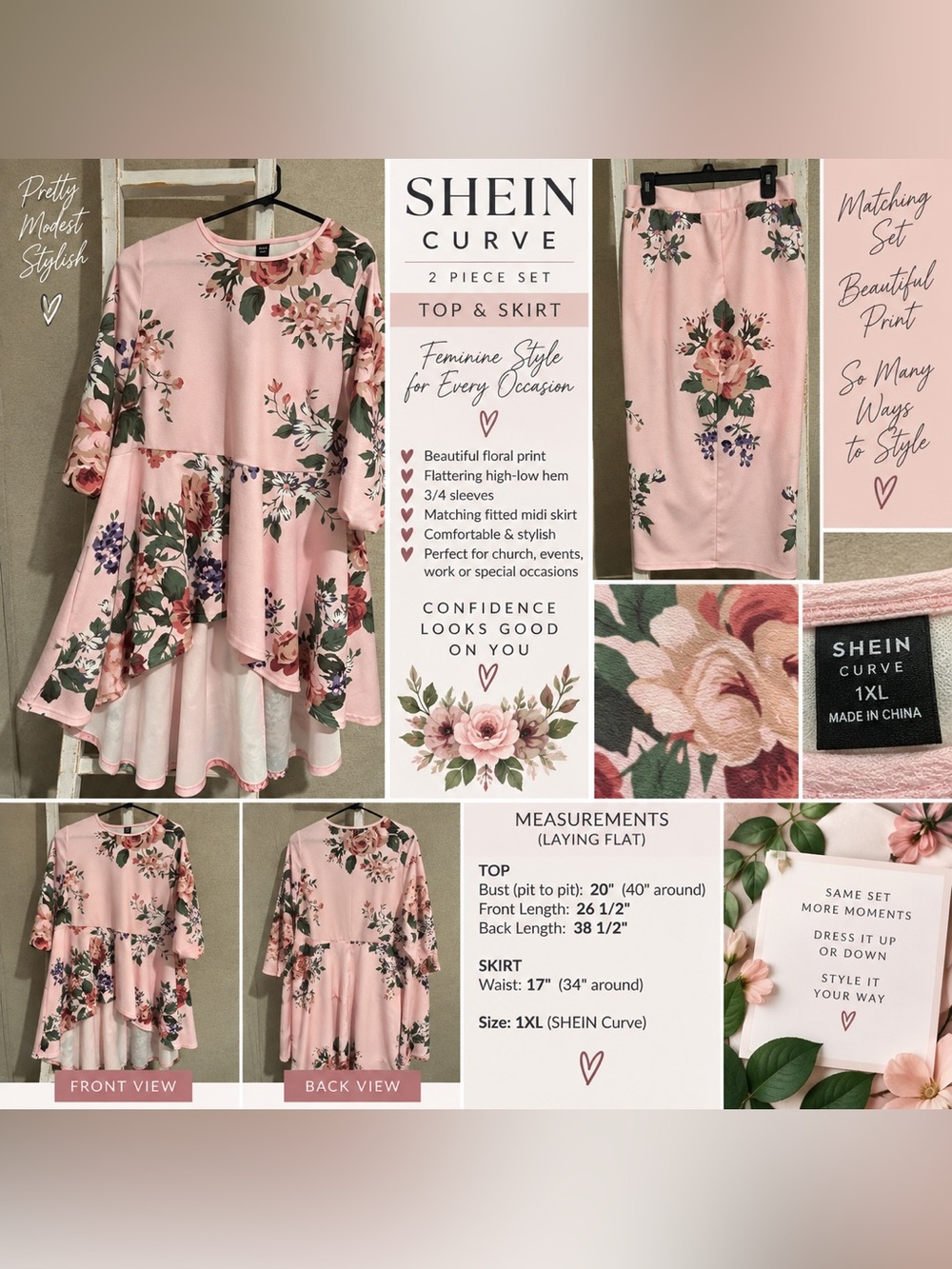 SHEIN Curve 1XL Pink Floral High Low Top & Fitted Midi Skirt 2 Piece Set